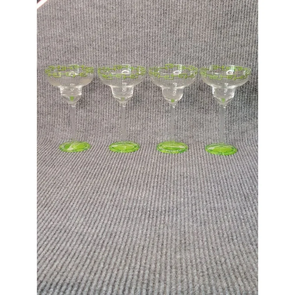 Set of 4 Margarita Glasses‎ Green Greek Key Rim Recipe Base Barware Stemware